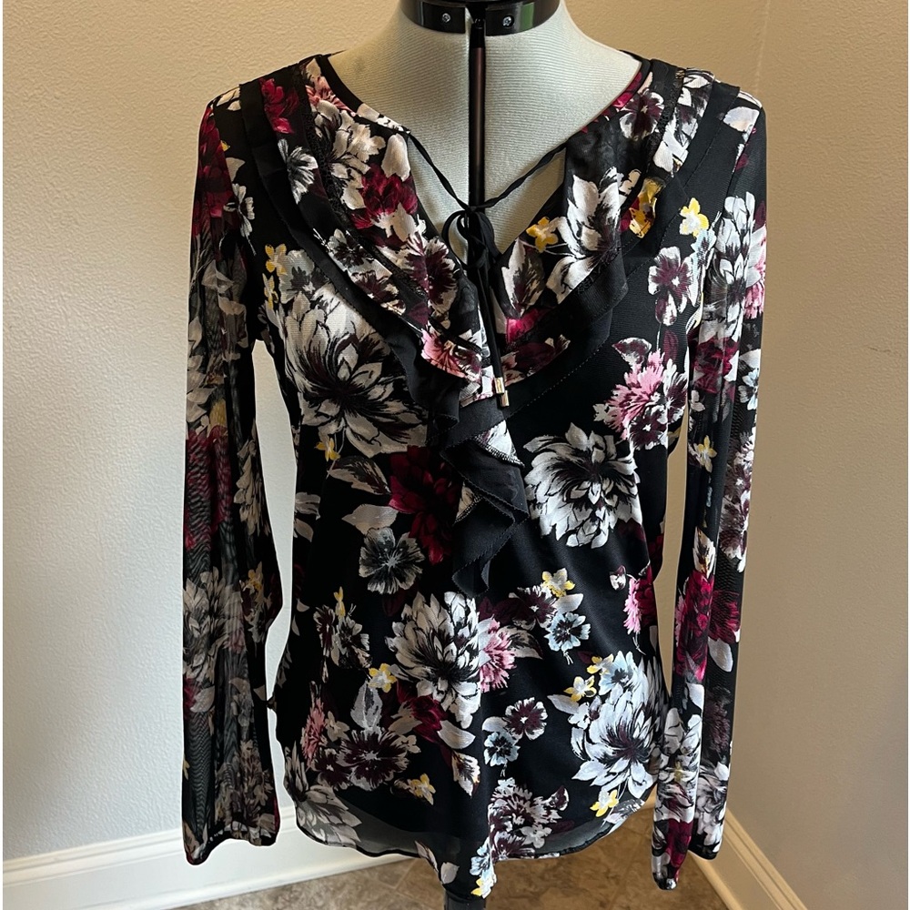WHBM long sleeve blouse size small, black and white/maroon floral.